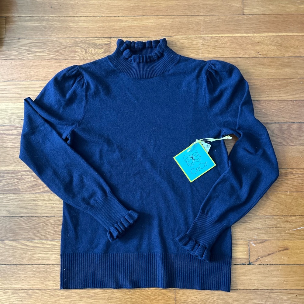 NWT CeCe Navy Ruffle Trim Sweater Top